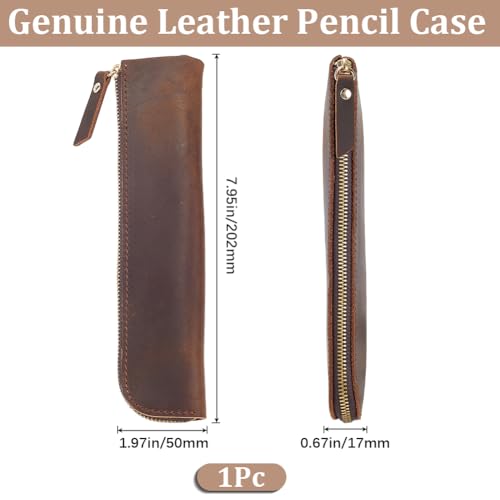 GORGECRAFT Leather Pencil Case Crazy Horse 202 * 50 * 17mm Genuine Leather Pencil Pouch Coffee Ultra Slim Rectangular Portable Zippered Pen Cases with Zipper for Men and Women Office Supplies - Image 2