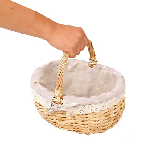Picknickkorb aus Weide, Korb Geflochten mit Henkel, Handlicher Einkaufskorb aus Weide, Baumwolle Stoffbezug Picnic Basket, Leichtgewicht, Kleiner Korb, 25.5X 21X 13 cm