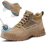 LANGTAN Steel Toe Work Boots for Men - High Top Puncture Resistant Safety Boots - Industrial Boot for worker - Comfortable Work Boot for Construction Brown Size 13.5