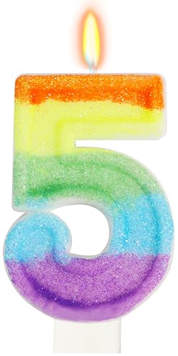 Rainbow Candles for Birthday Cakes, Rainbow Themed Cake Topper Birthday Party Decorations, 5th Number Candle (Number 5)