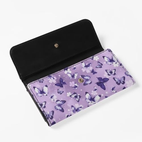 AFPANQZ Purple Butterflies Luxury Leather Wallets for Women RFID Blocking Checkbook Wallet Cit Card Slots Phone Holder Trifold Multi Card Organizer Phone Holder Lady Purse3
