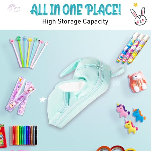 Image of DEOXY Polyester Large Capacity Pencil Pouch for Girls & Boys with 3 Zippers & 5 Compartments | Waterproof Aesthetic Cute Bunny Ears Standing Pencil Case for Kids, Multiutility Pouch (Sea Green)