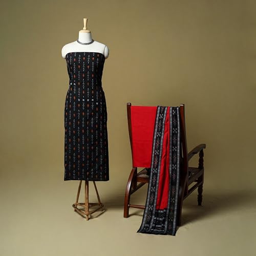 Image of Women Cotton Embroidered Unstitched Suit Set with Traditional Ikat Design