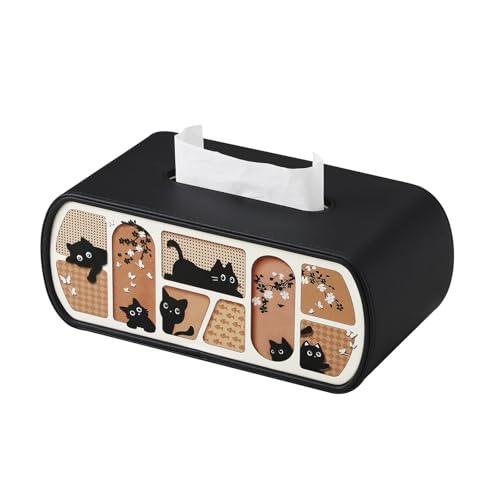MEIBOOCH Cat-Themed Tissue Box Cover Cat Lover Gifts PU Leather Tissue Cover Square/Rectangular Tissue Holder for Bathroom Living Room Office (Black Rectangle - for 120/160 Count Tissue Boxes)