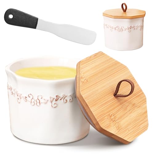 Mantequillera de cerámica con tapa, estilo campana, frasco de mantequilla francesa, para mantequilla fresca, color blanco, con espátula de mantequilla