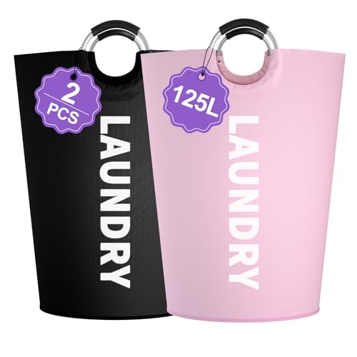 Image of 125L Laundry Hamper 2Pcs, Large Laundry Basket with Reinforced Handle, 600D Oxford Cloth Dirty Clothes Hamper, Foldable Washing Bin for Bedroom, Bathroom, Livingroom, Black + Pink