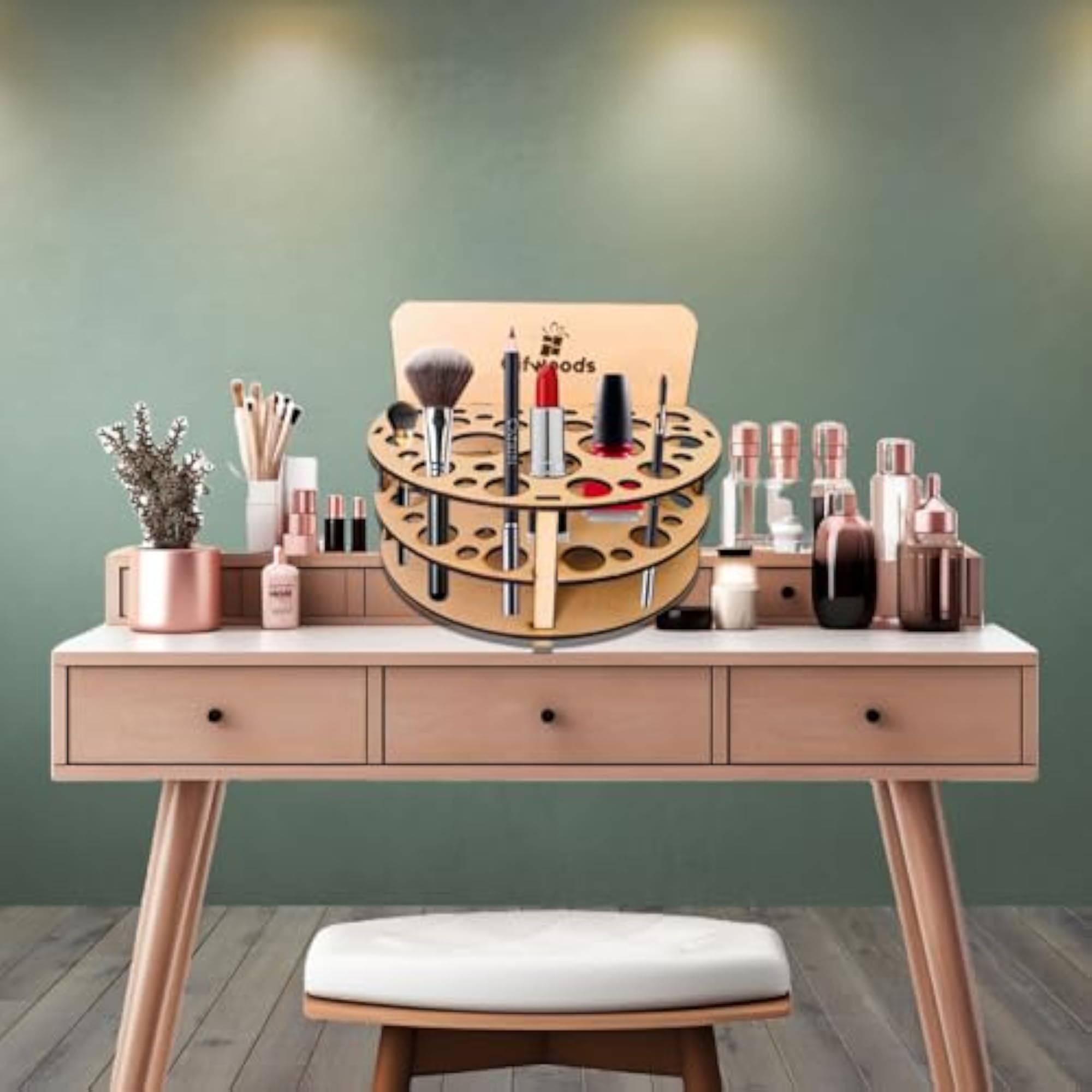 Premium Wooden Rotating Makeup Brush Organizer