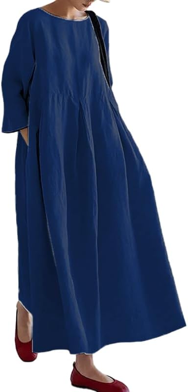 Plus Size Long Sleeve Floral Maxi Dress for Women Loose Fit Casual Crewneck Baggy Vacation Sun Dress