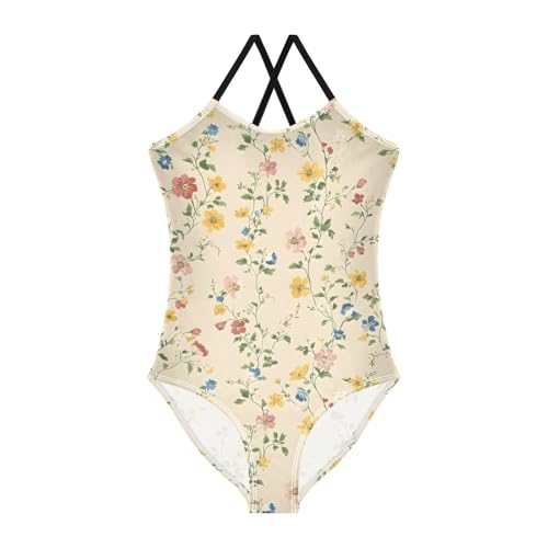Floral Flowers Beige Girls One Piece Swimsuit Beach Swimwear 20860894