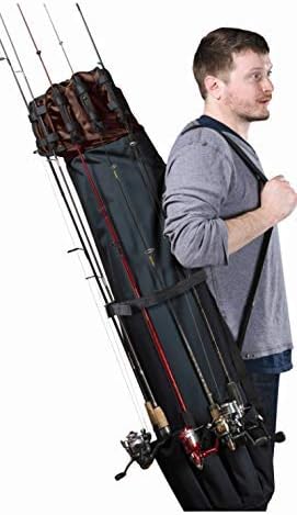 Fishing Rod Carrier & Organizer, Black/Brown | 48 L Fishing Pole Case with Inside/Outside Storage & Shoulder Strap