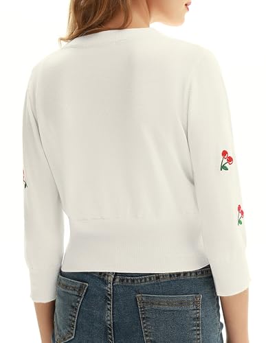 Image of Belle Poque Women's 3 /4 Sleeve V-Neck Button Down Cherries Embroidery Cropped Cardigan Sweater Coat