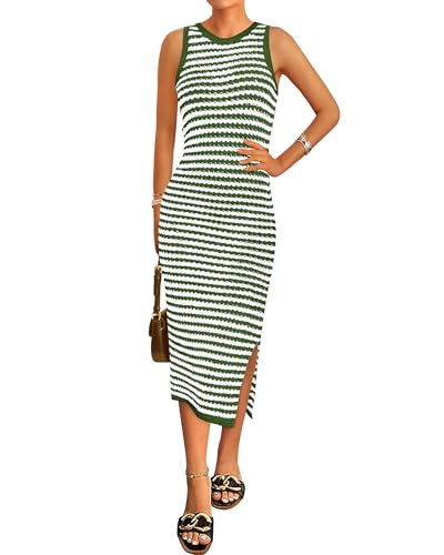 Image of Zenlonr Women's Sleeveless Summer Dresses 2025 Casual Crochet Knit Sundress Striped Long Tank Dress Beach Slip Dress