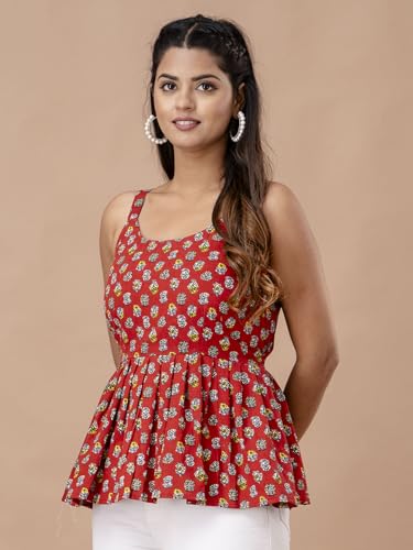 Image of feranoid Women Cotton Printed Sleeveless Strap Peplum Top