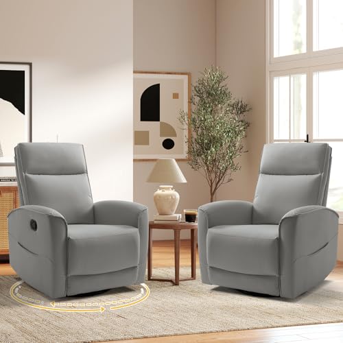 Image of HAOMARKETS Swivel Rocker Recliner Chair Set of 2, Manual Faux Leather Glider Rocking Recliners for Adults, 360 Swivel Nursery Reclining Sofa with Storage Pocket