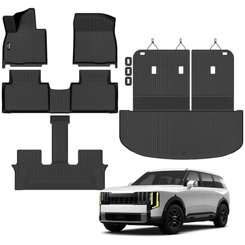 Floor Mats Custom for Kia Telluride 2027 Gas Only (Not for Hybrid) 7&8 Seater Trunk Mat with Backrest Mat All Weather TPE Full Set Liners Cargo Protector for Telluride 2027 Fuel Accessories Black