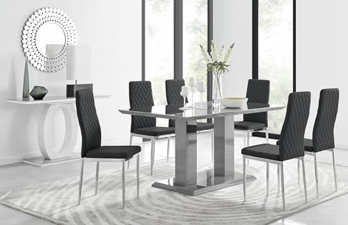 Furniturebox UK Imperia 6 Modern Grey High Gloss Dining Table and 6 Stylish Contemporary Milan Dining Chairs Set (Dining Table + 6 Black Milan Chairs)