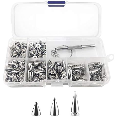 100pcs Cone Spikes Studs Rivets Punk Studs Screw Back Studs, for Bags DIY Leather Craft Bracelets Necklace Clothing Shoes,with Screwdriver (3 Size,Silver) Cover