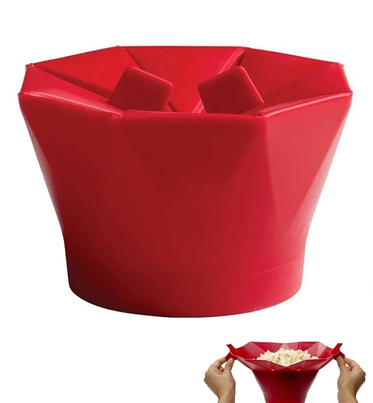 Cubo plegable de silicona roja para palomitas de maíz, Palomitero Microondas Cuenco Plegable de Silicon, Recipiente para cocinar Palomitas