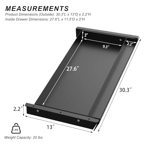 Image of Large Under Desk Mounted Sliding Drawer with Pencil Tray and 60 Degree Tilt Panel to Pull Out, 30'' Long & 13'' deep Large Storage Organizer for Sit Stand Workstation