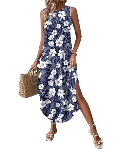 Image of Zeagoo Women Floral Summer Casual Beach Printed Tank Dress with Pockets Pleated Front Long Dress