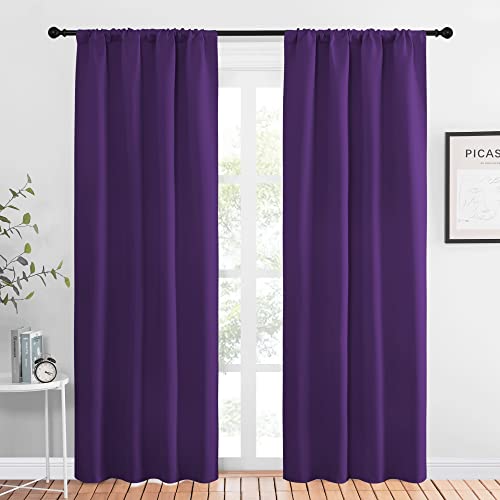NICETOWN Blackout Draperies Curtains 84 Long - Easy Care Thermal Insulated Rod Pocket Blackout Curtains/Draperies for Patio Door - 1 Pair, Royal Purpl