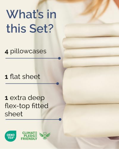 Image of Flex Top Split Head King 6 Piece Sheet Set - Soft & Cooling - Off White | Ultra Soft Hotel Luxury Bedding Set w / 8-16 Inch Deep Pockets, 1 Flat & 1 Split-Head Fitted Sheet & 4 Pillowcases, Fade Free