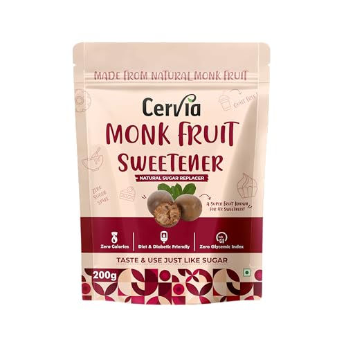 Image of Cervia Monk Fruit Natural Sweetener 200g | 100% Natural Sugar Replacement | Zero Calories | Zero Glycemic Index | No Blood Sugar Spike | Diabetic & Keto Friendly | No Bitter Aftertaste | For Tea, Coffee & Cooking (200)