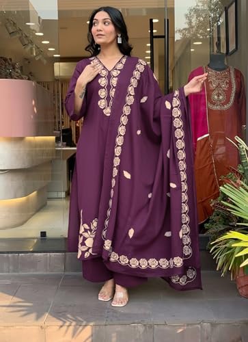 Image of ANNI Designer Women Embroidered Straight Kurta Palazzo Dupatta Set Rayon Viscose Kurti Pant Set Ladies Ethnic Wear for Office Festive Daily Use