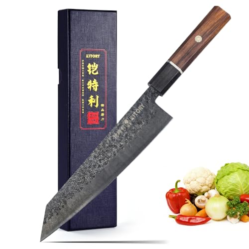 Kitory Kitory 8'' Kiritsuke Chef Knife, Lightweight Japanese Kitchen Knife with Octagonal Ebony Wood Handle, Black Stonewashed High-Carbon Stainless Steel Blade, Anti-Rust and Durable Sharp Cooking