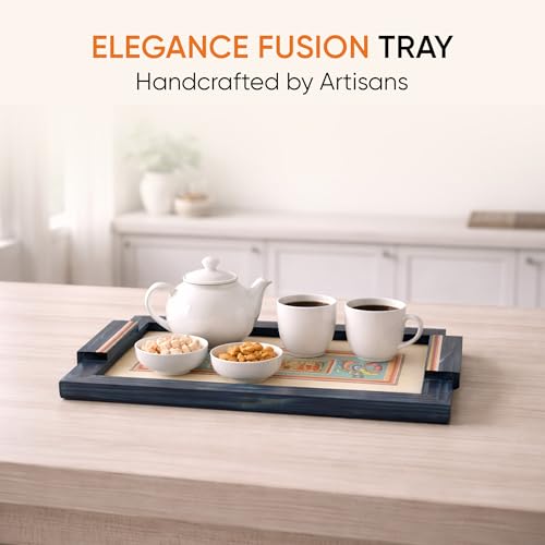 Image of Aakriti Art Creations Elegance in Fusion Tray, Serving Platter Beige | Madhubani Art with Matte Finish, Handcrafted Metal & Wood Tray with Handles | Tray for Kitchen Decor & House Warming Gifts