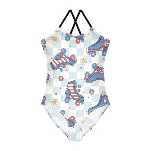 Girls One Piece Swimsuits Roller Skate Shoes for 4th of July Sport Halter Swimwear Beach Bathing Suit, 5-6T