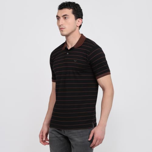 Image of Park Avenue Men Slim Fit Stripe Pattern Pure Cotton Polo Neck Half Sleeve Casual T-Shirt