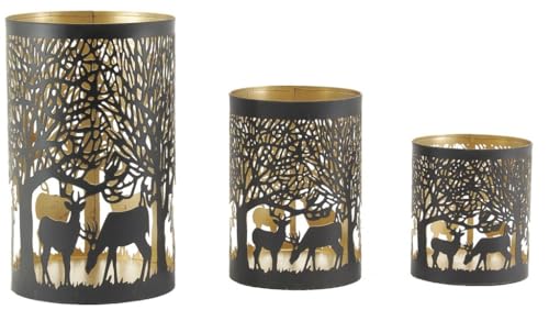 AUBRY GASPARD - Photophores en Métal Cerfs - Noir Doré - Lot de 3 Tailles Différentes - Décor Ajouré Cerfs - Finition Intérieure Dorée - Øs 9/11/12 cm - Hauteurs...