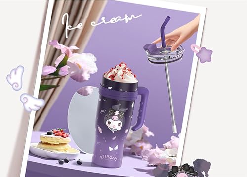 Image of Kuromi Stainless Steel Insulated Tumbler with Lid, Straw & Handle 1200ml - XL Size, Purple