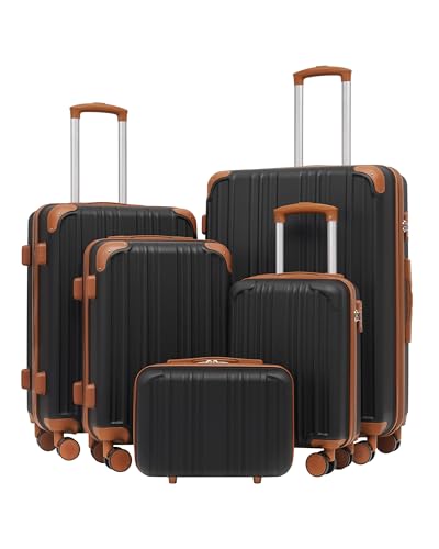 Image of Coolife Luggage Sets, 5 Piece Durable Suitcase, Lightweight Carry on Luggage with ABS Hardshell, Dual Spinner Wheels, TSA Lock and YKK Zipper (apricot black, 5 piece set)