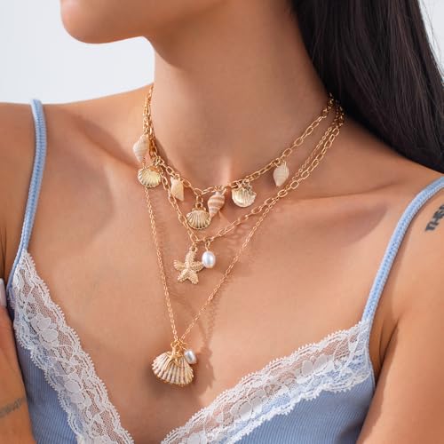 Charm Shell Necklace for Women Ocean Layered Summer Beach Jewelry Gold Plated Stackable Chain Boho Starfish & Pearl Gift3