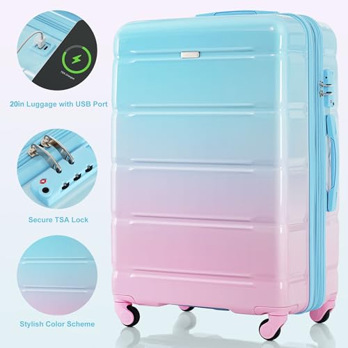 Luggage Set of 3,20-inch with USB Port,Airline Certified Carry-on Luggage,ABS+PC Hard Shell Luggage with Spinner Wheels,light blue and pink2