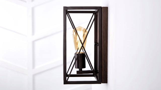 Image of JONATHAN Y 6 inch Oil Rubbed Bronze /Wood Finish 1-Light Iron Sconce, Farmhouse Rustic X-Frame Wall Lantern for Bathroom Hallway Entryway, Modern Industrial Lamp, LED Bulb Included JYL1310A