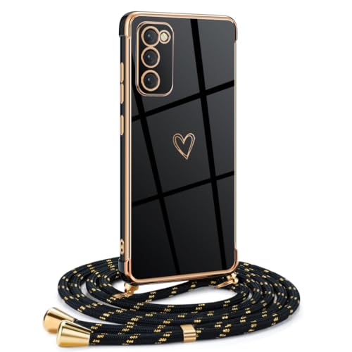 Mkej Frauen Mädchen Handykette Kompatibel mit Samsung Galaxy S20 FE 4G/5G - Silikon Hülle mit Band - Handyhülle für Samsung S20 FE 4G/5G Herz Love Design Galvanik - Hülle mit Kordel in schwarzes Gold
