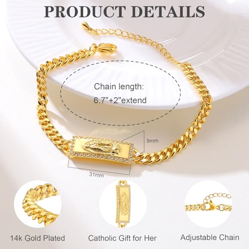 XUANPAI Women's Gold Virgin Mary Bracelet - 14k Gold Plated Copper Link Bracelets,Hypoallergenic Adjustable Non Tarnish Golden Religious Virgen De Guadalupe Protector Jewelry,Catholic Gifts for Her4