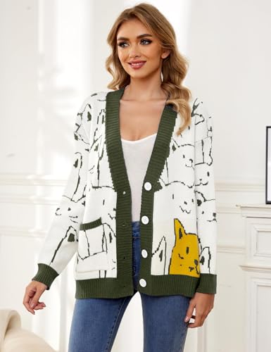 Gihuo Women Cat Sweater Oversized Cute Kawaii Cardigan Knit Graphic V Neck Loose Fit Long Sleeve Cardigan Coat2