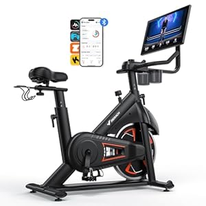 MERACH Heimtrainer Fahrrad mit 21,5" Drehbarem FHD-Bildschirm, Leises Hometrainer Fahrrad mit Automatischer Widerstand, Verstärkter H-Rahmen, Stoßdämpfender Luftkissensattel, Eigene App, Bis 150KG