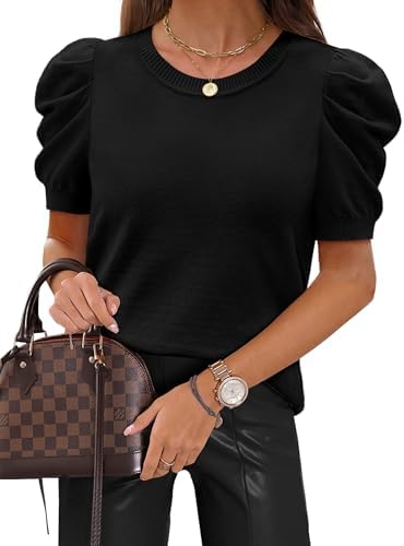 Sampeel Short Sleeve Sweaters for Women Business Casual Puff Short Sleeve Shirts 2026 Soft Cute Spring Tops Trendy Work Blouses Lightweight Black T Shirts L