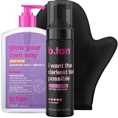 Image of b.tan Ultra Dark Self Tanning Kit | Next Level Duo Bundle - Best Fake Tan Mousse, Glow Your Own Way Clear Tanner Gel w /Smooth Mitt Applicator, 1 Hour Express Sunless Foam, Fast Summer Bronze