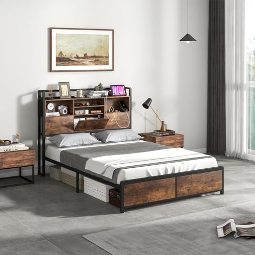 Einzelbett 90x190 Cm Mit LED-Lichtern & Stauraum – Metallgestell Mit Gepolstertem Kopfteil & Ladestation