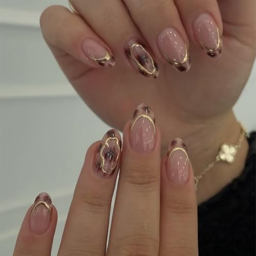 Image of Tortoiseshell Print Press on Nails French Tip Fake Nails Ombre False Nail | 3D Gold Line Nail Press ons Medium Almond Stick on Nails Glossy Reusable Full Cover Daily Manicure 24Pcs for Women