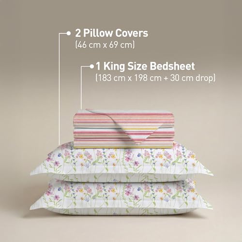 Image of MYTRIDENT Soft Comfort Bedsheet for Double Bed King Size | 182 cm x 198 cm + 30 cm | 200 TC, Sateen Weave, 100% Cotton, Elastic fittedsheet with 2 Pillow Covers and Breathable - Bloom Era