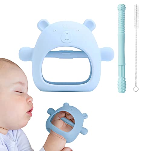 Baby Beißhandschuh aus Lebensmittelsilikon BPA frei | Greifling | fördert Sehsinn und Motorik | Beißröhrchen | Schutzhandschuhe | waschbarer Beisshandschuh spielzeug ab 3 Monate (Blau) Cover