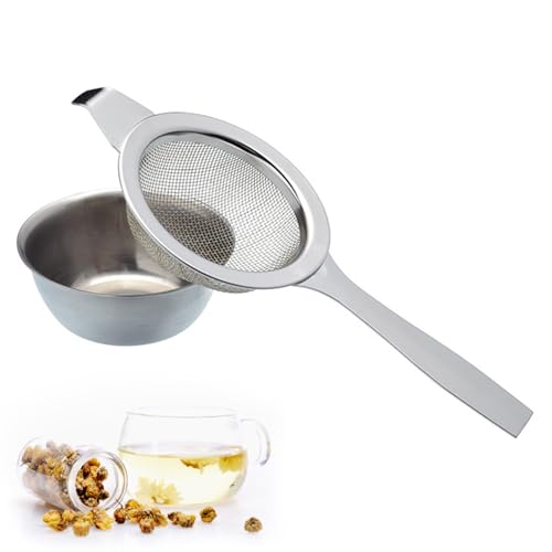 Tea Filter, Stainless Steel Tea Fine Mesh Strainer with Drip Bowl, Cooking Sieve Loose Leaf Tea sieves and strainers with Non Slip Handle for Sifting Dry Ingredients, Flour, Pastas, Rice, Tea