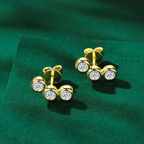 3-Stones Bezel Stud Earrings, 3MM D Color Round Cut Moissanite, 925 Sterling Silver Earrings Elegant Jewelry Gifts for Women, Wife, Mom - Gold3